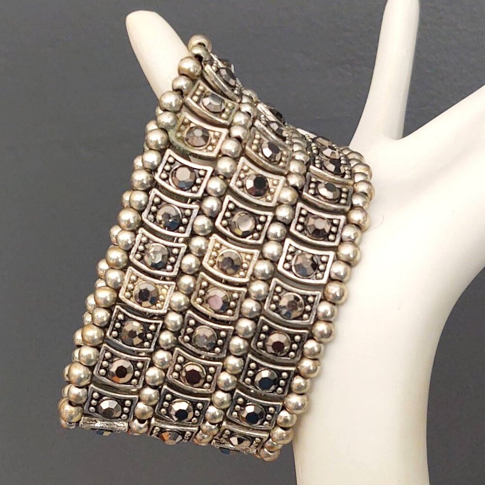 Weighty silver metal and bead stretch cuff bracelet